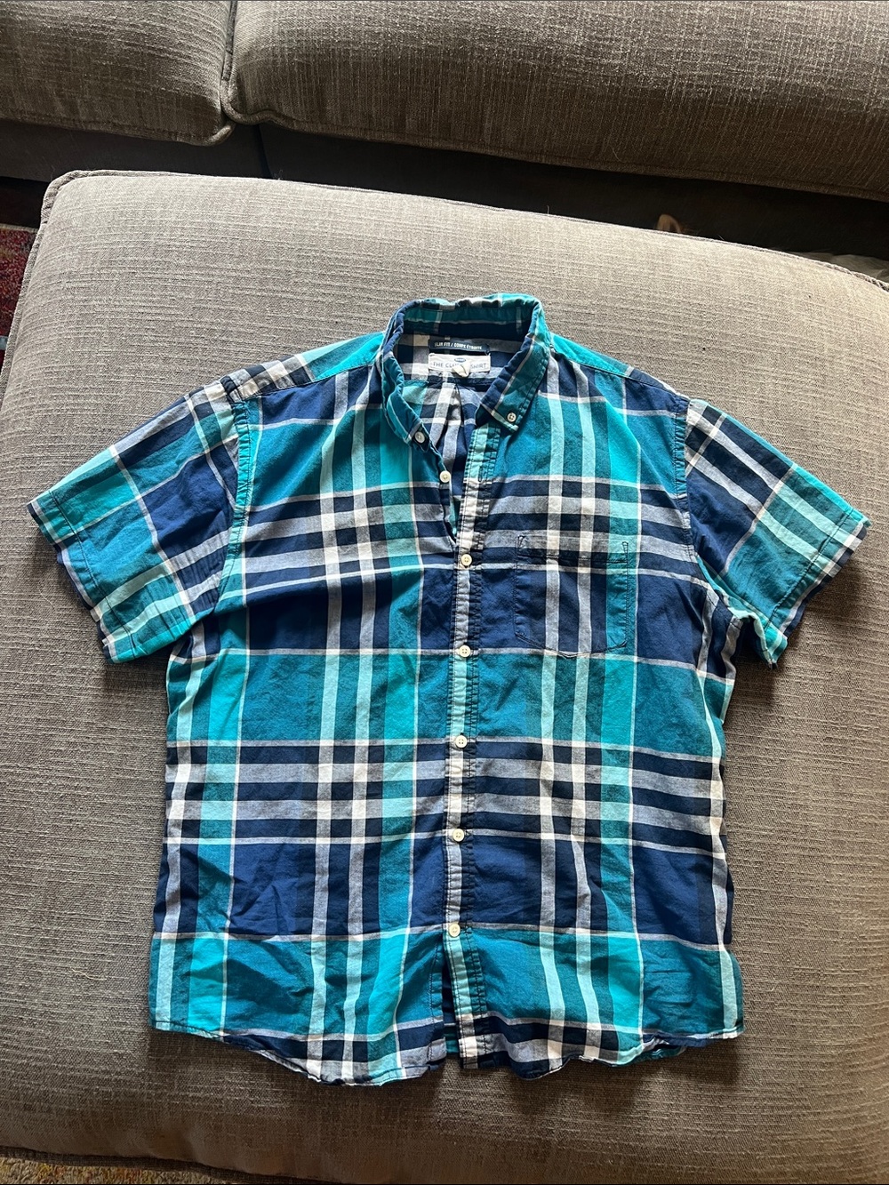 Old Navy Blue & Teal Plaid Short-Sleeve Button-Down Shirt